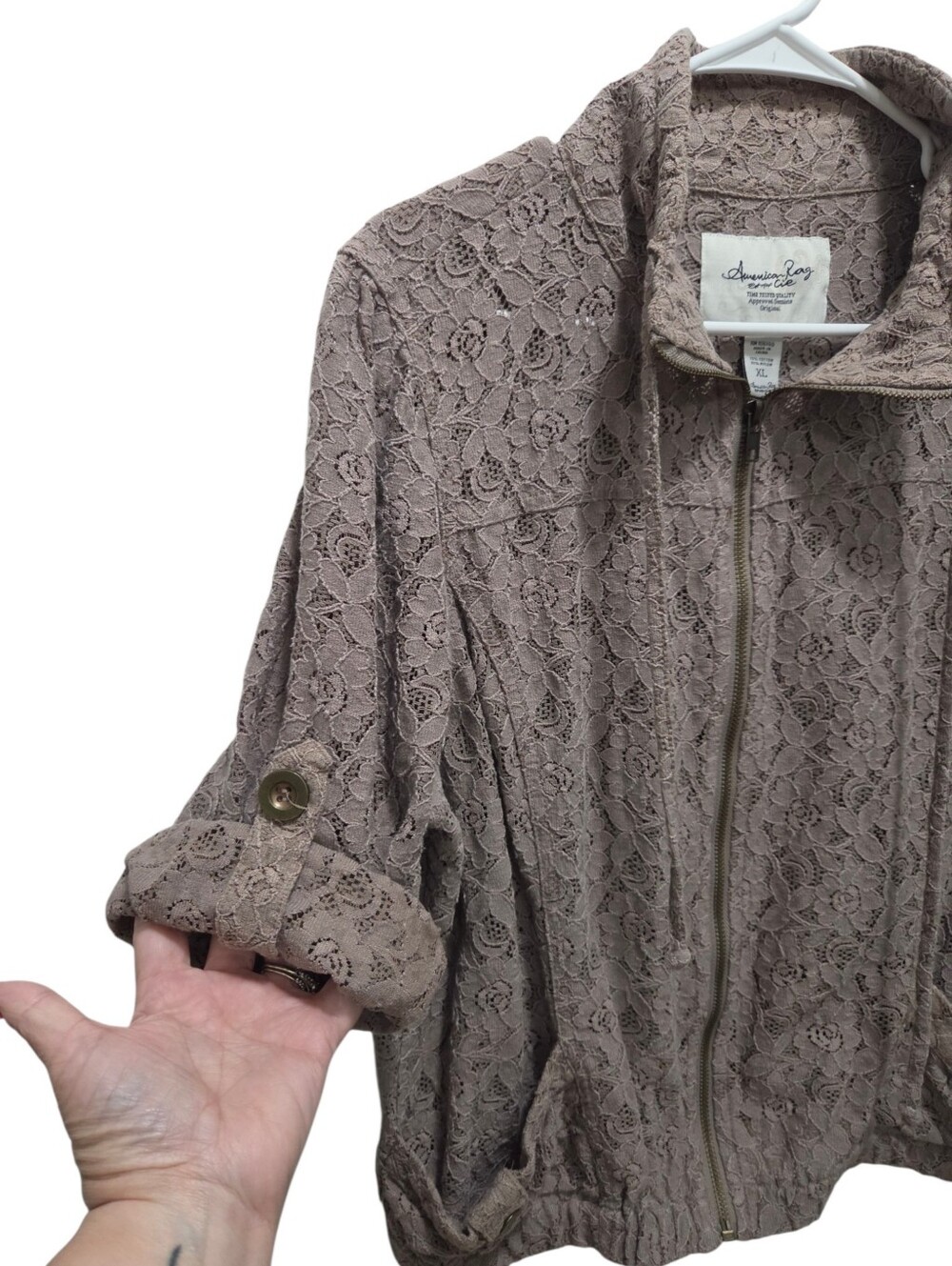American Rag Lace Zip Jacket XL Taupe Roll Tab Sleeve Cotton Blend Shacket - Picture 5 of 7